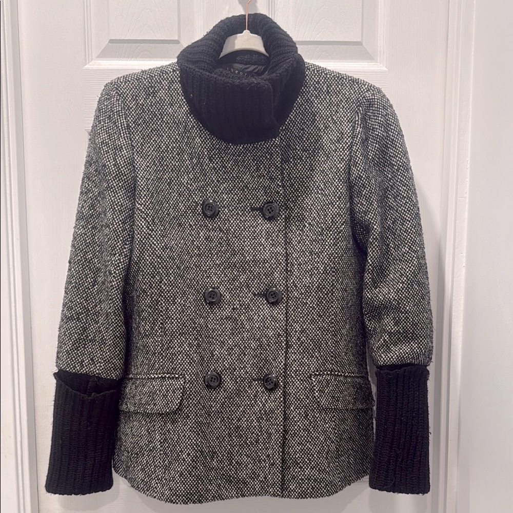 Theory Mixed Media Funnel Neck Wool Double Breasted Coat
